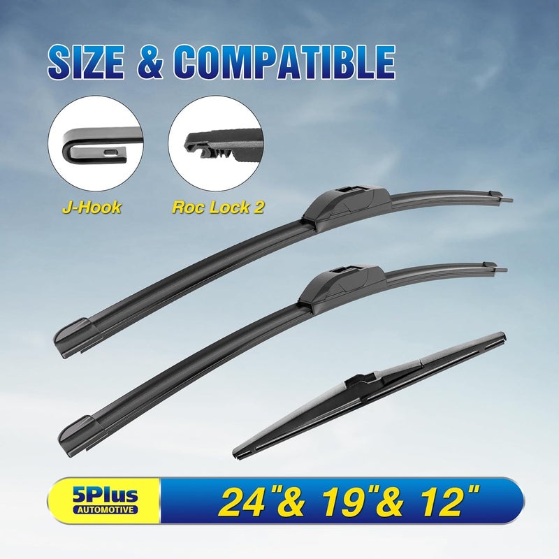 5PLUS Windshield Wipers Replacement For 2008-2020 Dodge Journey Windshield Wipers, Original Equipment Automotive Replacement Windshield Wiper Blades 24"+19"+12"(3 Wipers) - Image 2